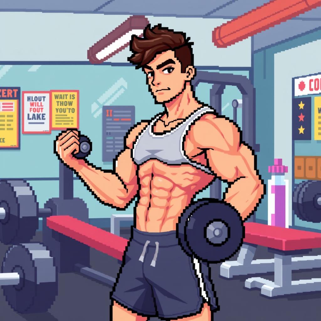 Pixel art representation of a fit young man in a gym, characterized by a blocky, retro aesthetic