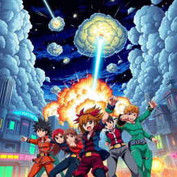 A vibrant anime-styled depiction of a world under bombardment, featuring dramatic skies filled with explosive clouds and flashes of light