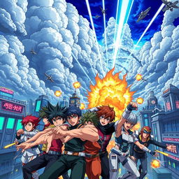 A vibrant anime-styled depiction of a world under bombardment, featuring dramatic skies filled with explosive clouds and flashes of light