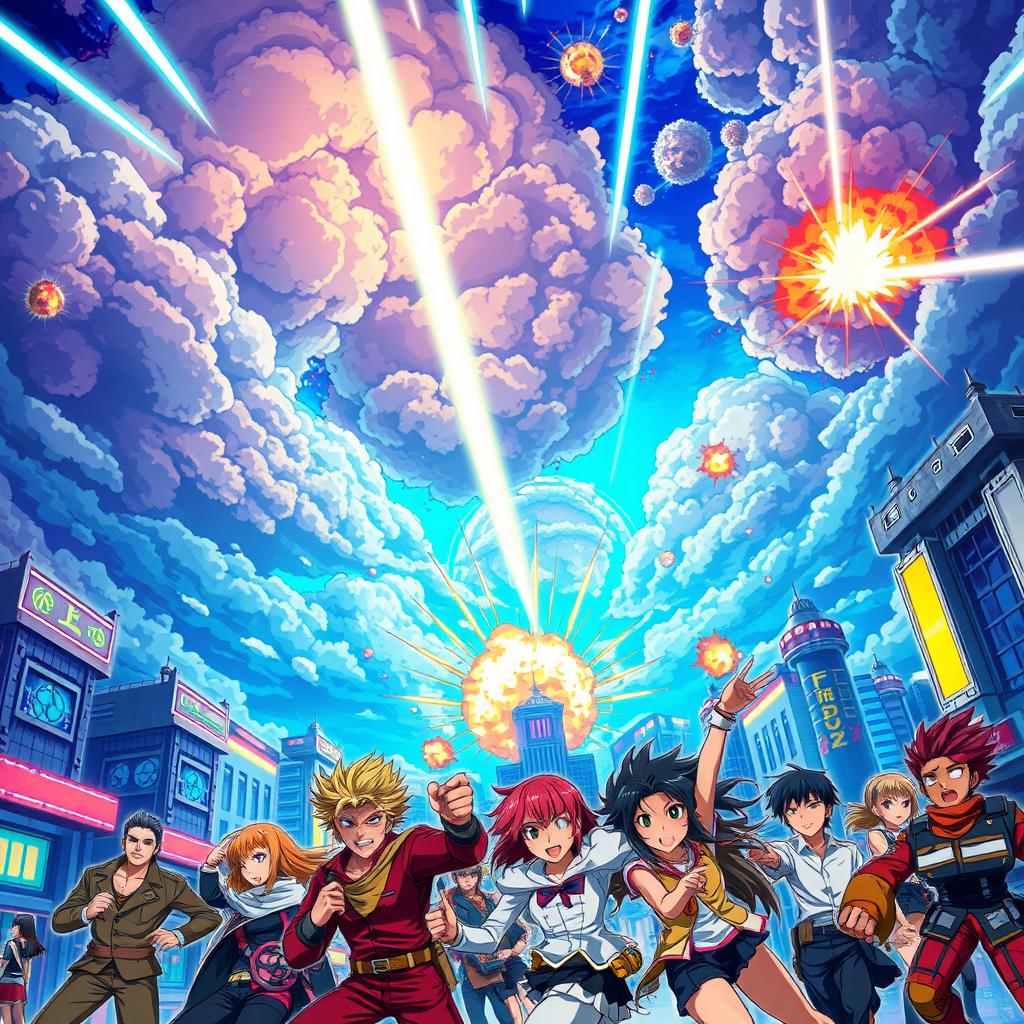 A vibrant anime-styled depiction of a world under bombardment, featuring dramatic skies filled with explosive clouds and flashes of light
