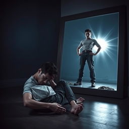 A young man sitting on the floor, looking collapsed and weak, with his face in his hands and a forlorn expression
