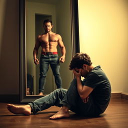 A young man sitting on the floor, looking collapsed and weak, with his face in his hands and a forlorn expression