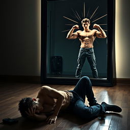 A young man sitting on the floor, looking collapsed and weak, with his face in his hands and a forlorn expression