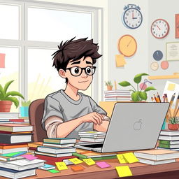 An illustration featuring a young adult with ADHD, sitting at a cluttered desk filled with books, colorful sticky notes, and a laptop