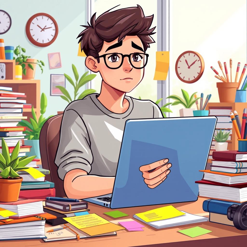 An illustration featuring a young adult with ADHD, sitting at a cluttered desk filled with books, colorful sticky notes, and a laptop