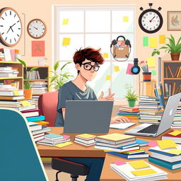 An illustration featuring a young adult with ADHD, sitting at a cluttered desk filled with books, colorful sticky notes, and a laptop
