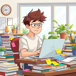 An illustration featuring a young adult with ADHD, sitting at a cluttered desk filled with books, colorful sticky notes, and a laptop