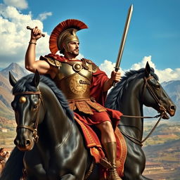 A majestic portrayal of Alexander the Great, featuring him in traditional Macedonian armor, complete with a plumed helmet and a richly decorated breastplate