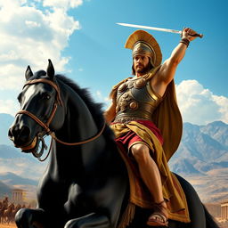 A majestic portrayal of Alexander the Great, featuring him in traditional Macedonian armor, complete with a plumed helmet and a richly decorated breastplate