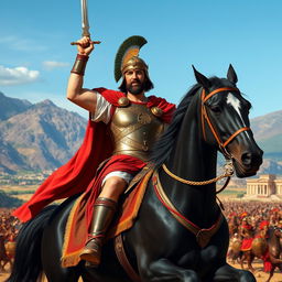 A majestic portrayal of Alexander the Great, featuring him in traditional Macedonian armor, complete with a plumed helmet and a richly decorated breastplate