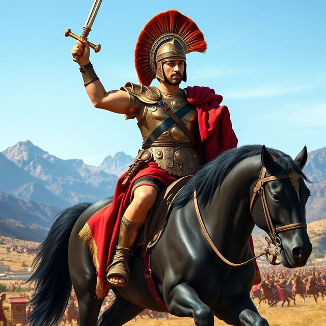 A majestic portrayal of Alexander the Great, featuring him in traditional Macedonian armor, complete with a plumed helmet and a richly decorated breastplate