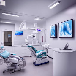 A state-of-the-art dental center boasting cutting-edge technology, an efficient layout with multiple treatment rooms, a spacious waiting area with comfortable seating, and a friendly reception area.