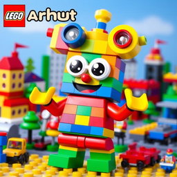 A whimsical and colorful Lego figure named Barhut, designed in a playful and imaginative style