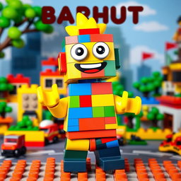 A whimsical and colorful Lego figure named Barhut, designed in a playful and imaginative style