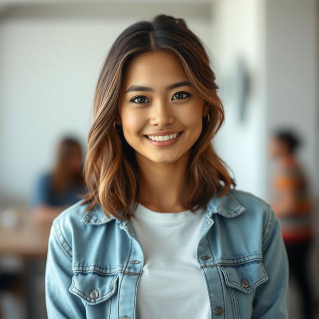 A highly realistic portrait of a young woman with waist-length wavy hair, soft facial features, and a warm smile