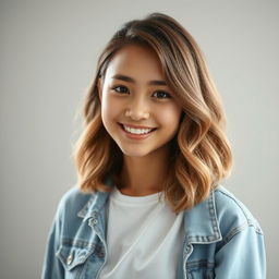 A highly realistic portrait of a young woman with waist-length wavy hair, soft facial features, and a warm smile