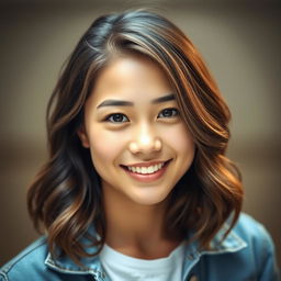 A highly realistic portrait of a young woman with waist-length wavy hair, soft facial features, and a warm smile