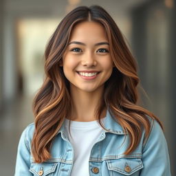 A highly realistic portrait of a young woman with waist-length wavy hair, soft facial features, and a warm smile