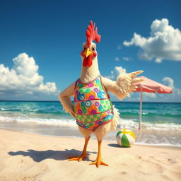 A whimsical scene featuring a comical chicken wearing a colorful swimming suit, standing confidently on a sandy beach by the ocean