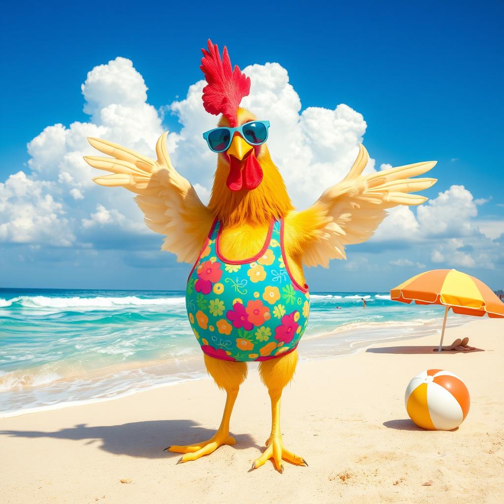 A whimsical scene featuring a comical chicken wearing a colorful swimming suit, standing confidently on a sandy beach by the ocean