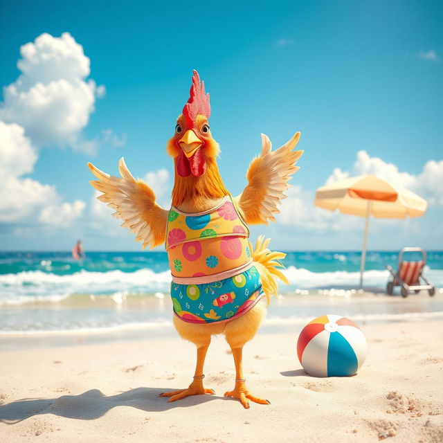 A whimsical scene featuring a comical chicken wearing a colorful swimming suit, standing confidently on a sandy beach by the ocean