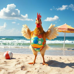 A whimsical scene featuring a comical chicken wearing a colorful swimming suit, standing confidently on a sandy beach by the ocean
