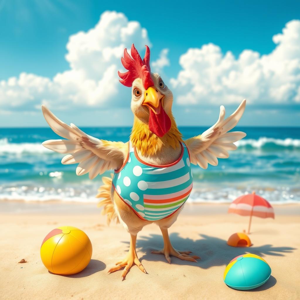 A whimsical scene featuring a playful chicken wearing a vibrant swimming suit, confidently standing on a sunny beach