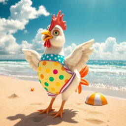 A whimsical scene featuring a playful chicken wearing a vibrant swimming suit, confidently standing on a sunny beach