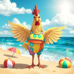 A whimsical scene featuring a playful chicken wearing a vibrant swimming suit, confidently standing on a sunny beach