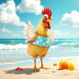 A whimsical scene featuring a playful chicken wearing a vibrant swimming suit, confidently standing on a sunny beach