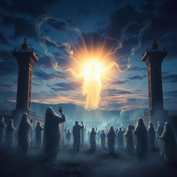 A dramatic and ethereal scene depicting the return of the dead during the appearance of Imam Zaman (A