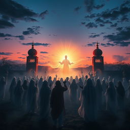 A dramatic and ethereal scene depicting the return of the dead during the appearance of Imam Zaman (A