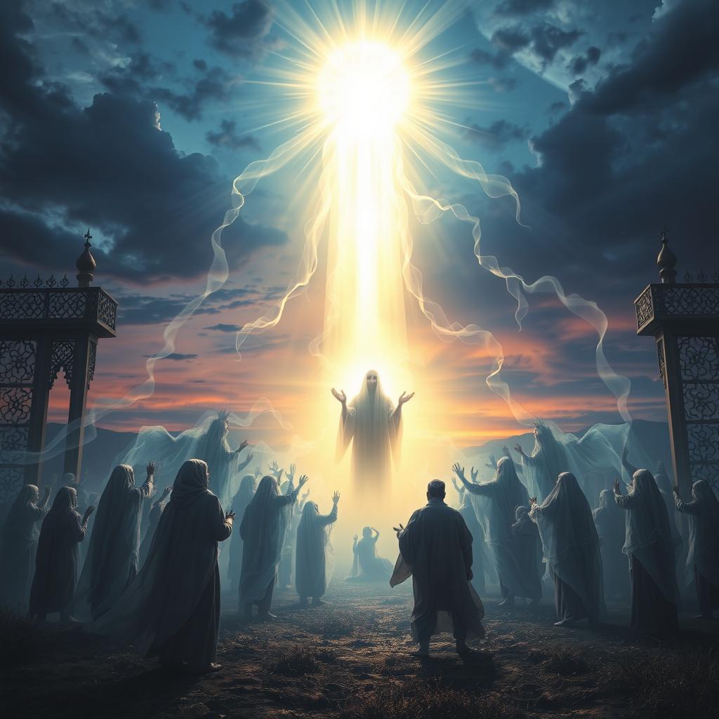 A dramatic and ethereal scene depicting the return of the dead during the appearance of Imam Zaman (A