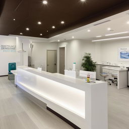 A large, modern dental center featuring advanced dental equipment, multiple treatment rooms, a welcoming reception area, and a comfortable, bright waiting room equipped with reading materials.