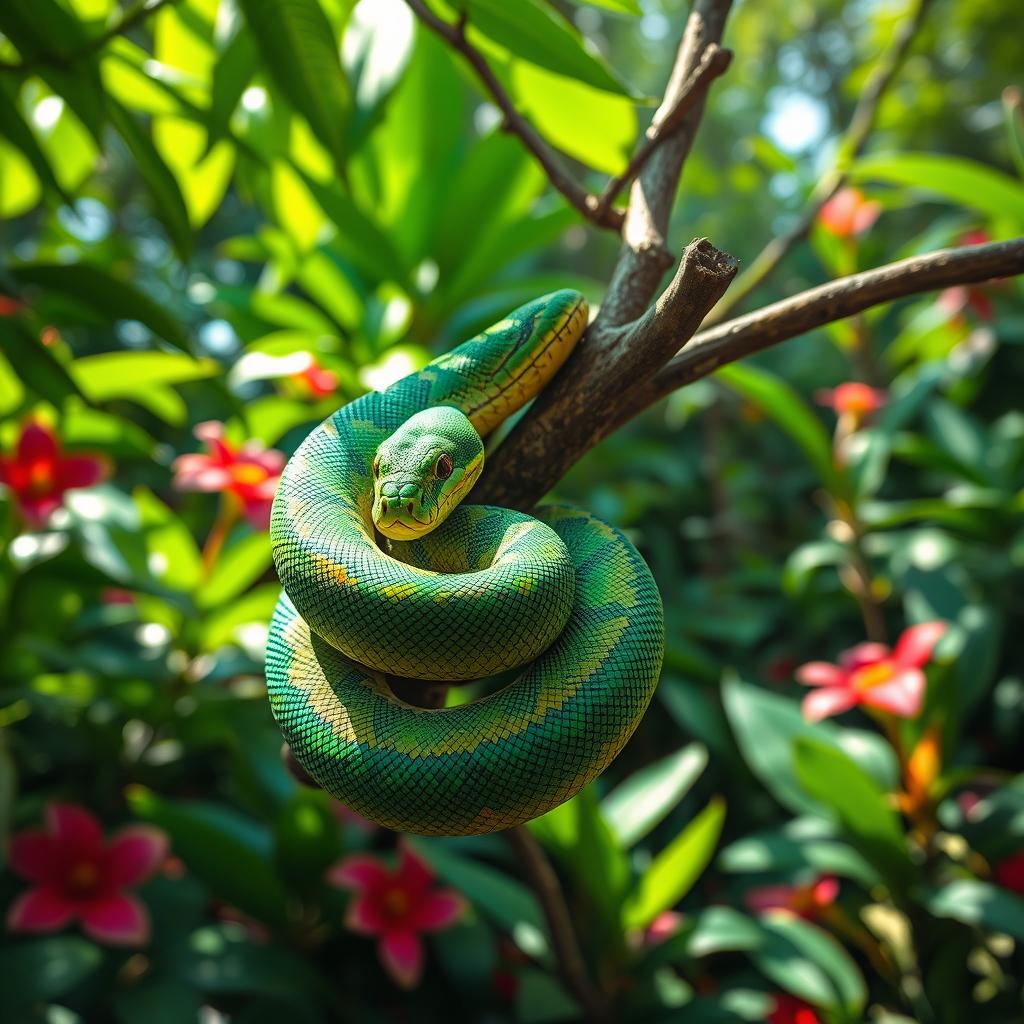 A vibrant, colorful snake coiled elegantly around a branch in a lush tropical rainforest