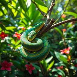A vibrant, colorful snake coiled elegantly around a branch in a lush tropical rainforest