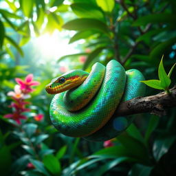 A vibrant, colorful snake coiled elegantly around a branch in a lush tropical rainforest
