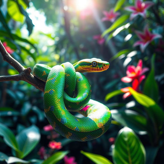 A vibrant, colorful snake coiled elegantly around a branch in a lush tropical rainforest