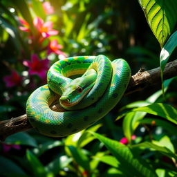 A vibrant, colorful snake coiled elegantly around a branch in a lush tropical rainforest