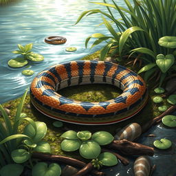 A detailed illustration of a water moccasin snake in its natural habitat, showcasing its distinct features such as its thick body, triangular head, and vibrant patterns
