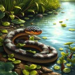 A detailed illustration of a water moccasin snake in its natural habitat, showcasing its distinct features such as its thick body, triangular head, and vibrant patterns