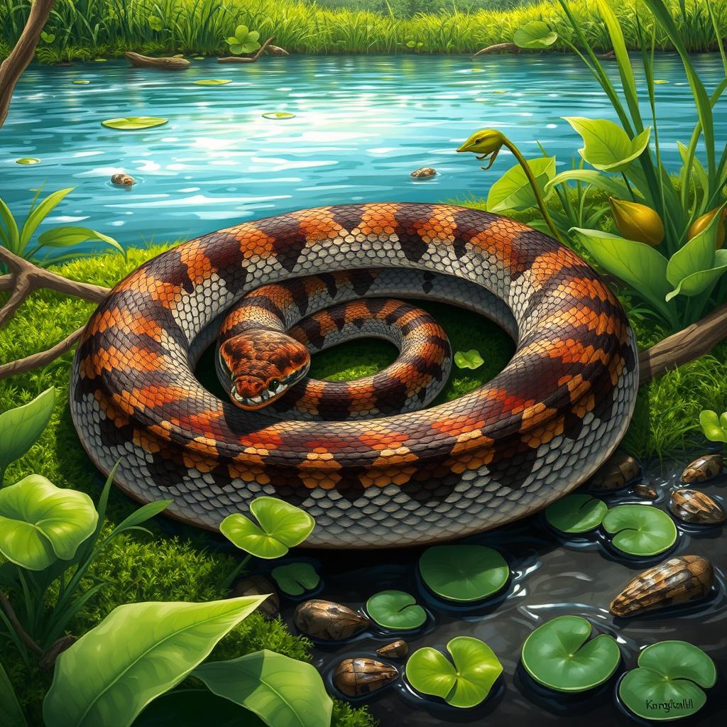 A detailed illustration of a water moccasin snake in its natural habitat, showcasing its distinct features such as its thick body, triangular head, and vibrant patterns