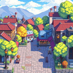 A detailed pixel art background of a small city in the style of 'snekai', created specifically for a 2D platformer game