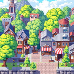 A detailed pixel art background of a small city in the style of 'snekai', created specifically for a 2D platformer game