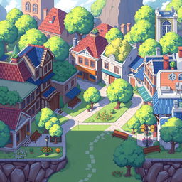 A detailed pixel art background of a small city in the style of 'snekai', created specifically for a 2D platformer game