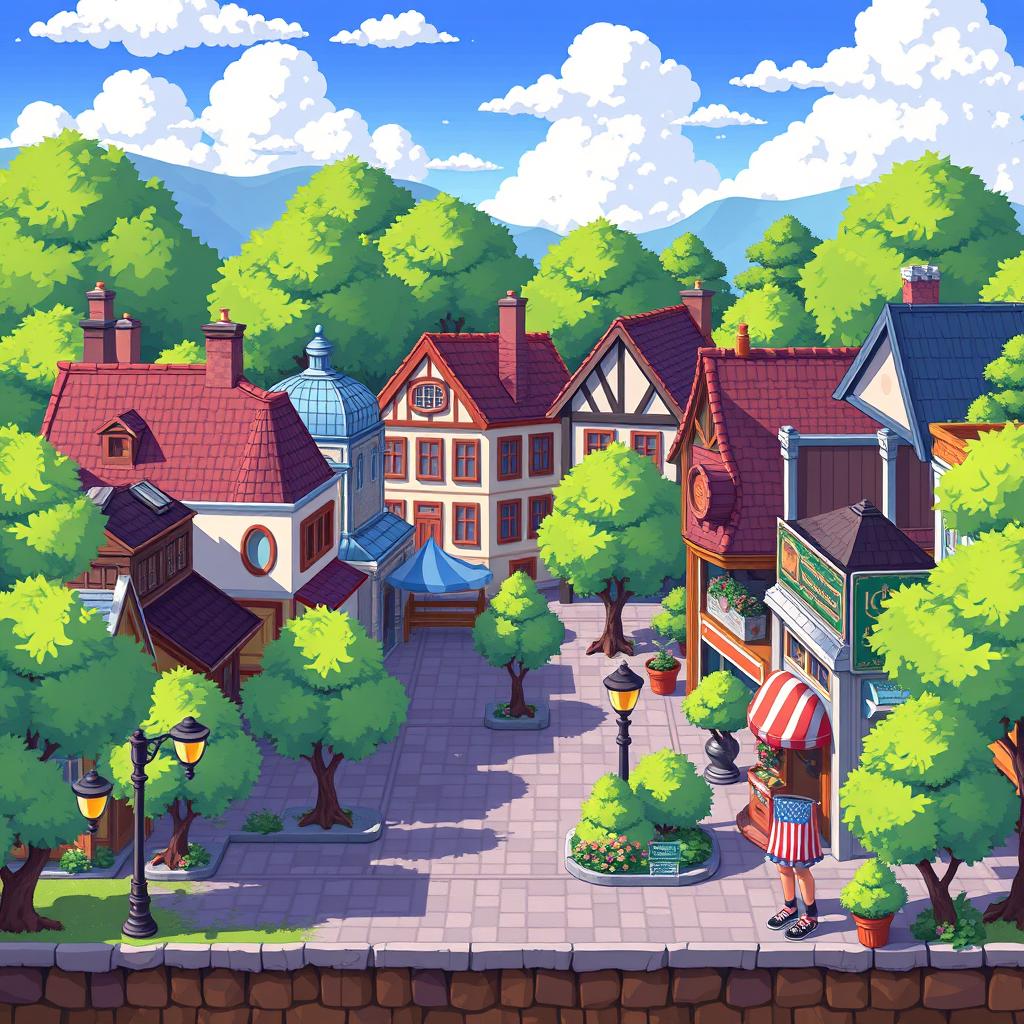 A detailed pixel art background of a small city in the style of 'snekai', created specifically for a 2D platformer game