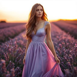 A stunning woman in a flowy, elegant gown that perfectly matches the background