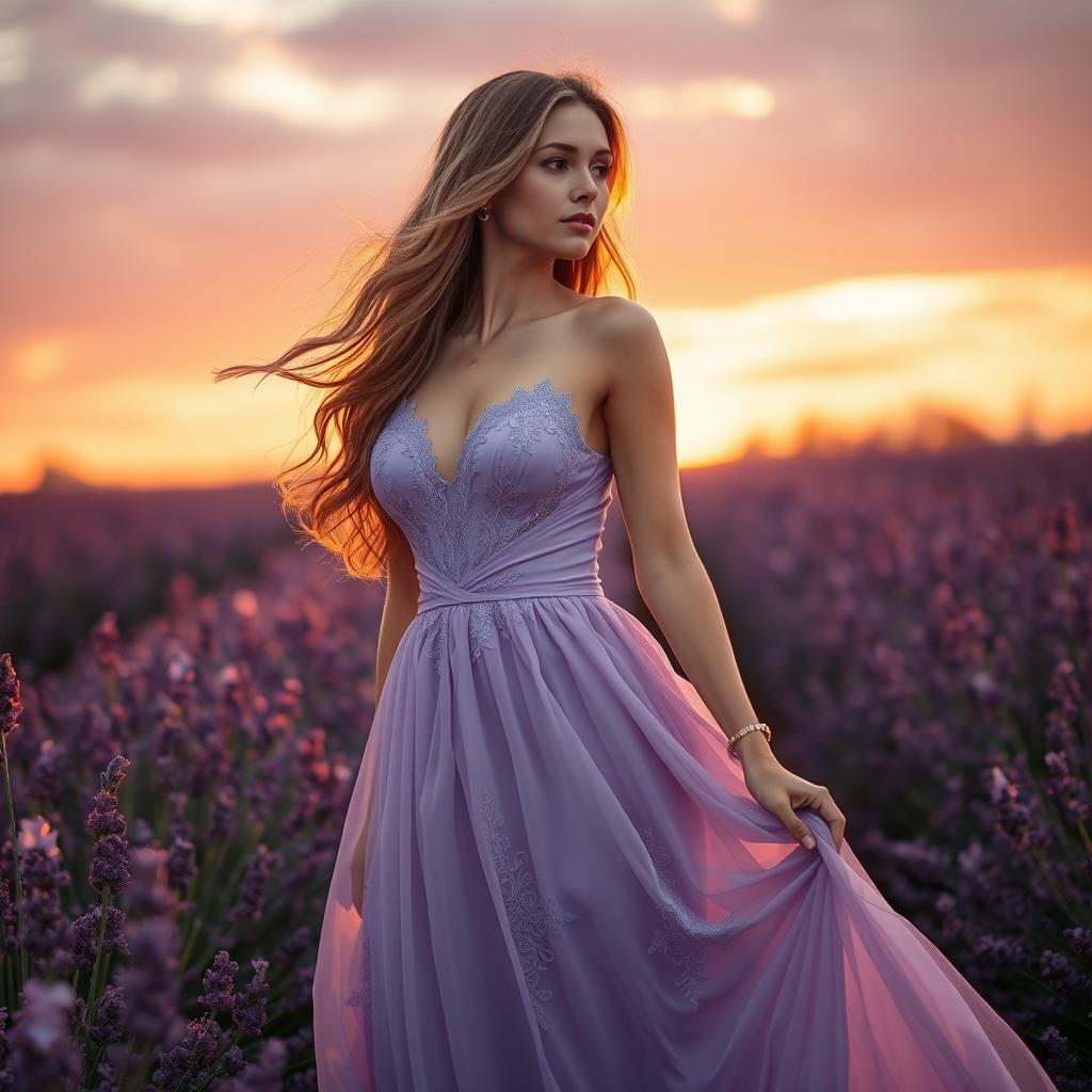 A stunning woman in a flowy, elegant gown that perfectly matches the background