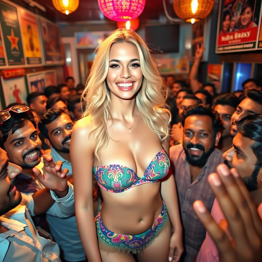 A beautiful blonde woman wearing a strapless, colorful bikini, with intricate patterns, surrounded by a lively and dense crowd of excited Indian men