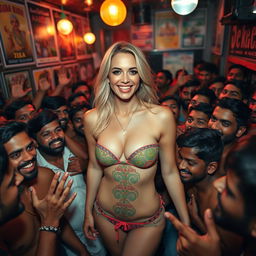 A beautiful blonde woman wearing a strapless, colorful bikini, with intricate patterns, surrounded by a lively and dense crowd of excited Indian men
